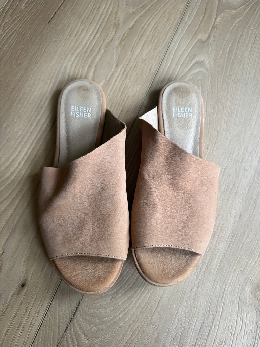 Eileen Fisher Suede Open-Toe Slide Mules in a nude color